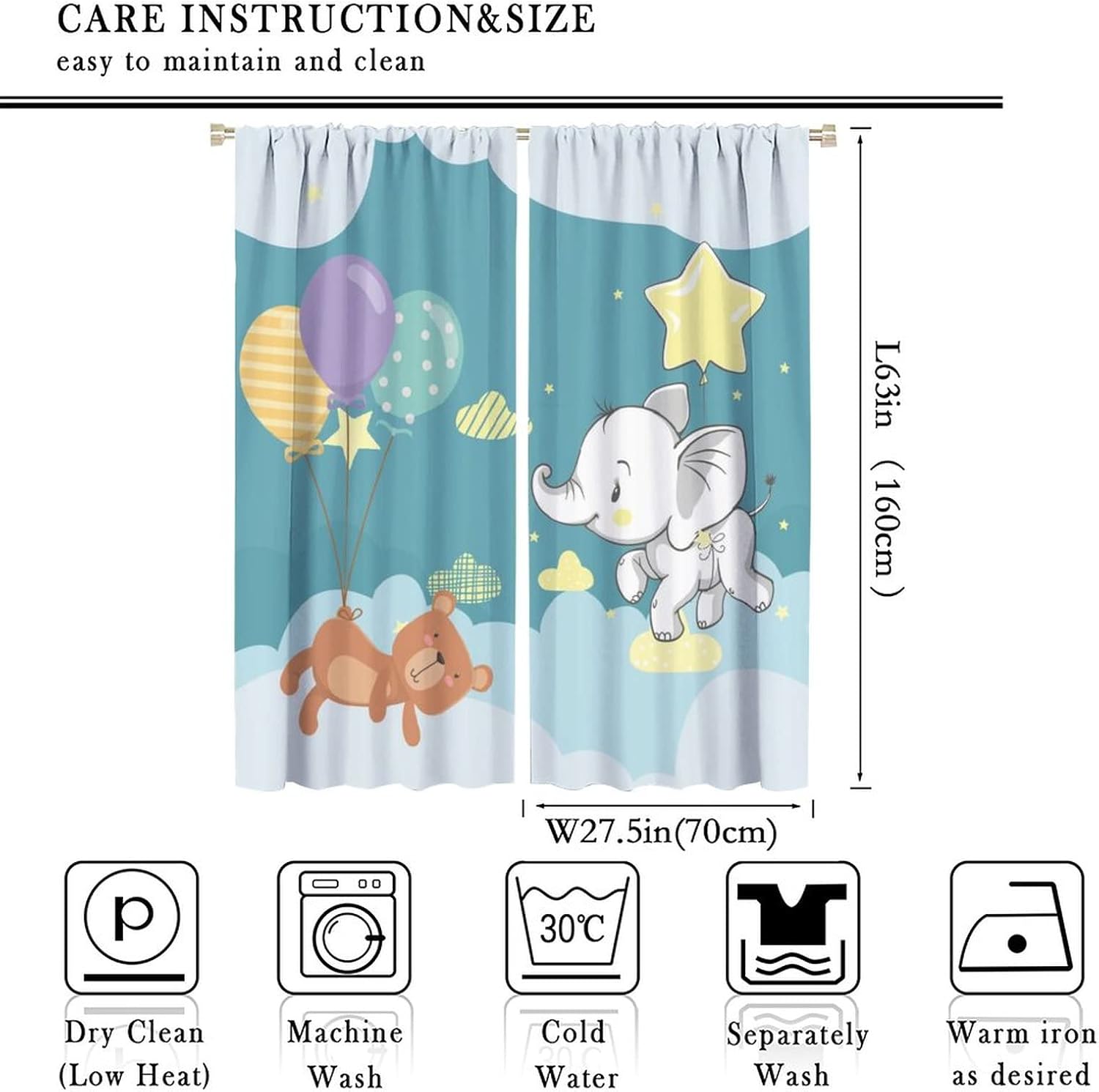 Cartoon Elephant Blackout Curtains - Boy Girl Cute Balloons Baby Bear Elephant Rod Pocket Window Curtain Set Energy Saving Thermal Insulated Drapes for Living Room Nursery,2 Panels 63L x 27.5W