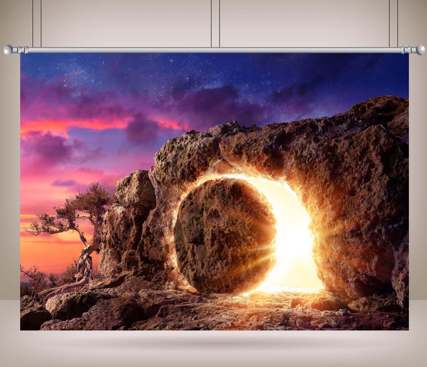 3x2.5m La tomba di Gesù Sfondo Tomba di pietra vuota Sfondo fotografico Crocifissione di Gesù Cristo Luci sante Sfondo croce Dio benedica Gesù Preghiera cristiana Photo Booth