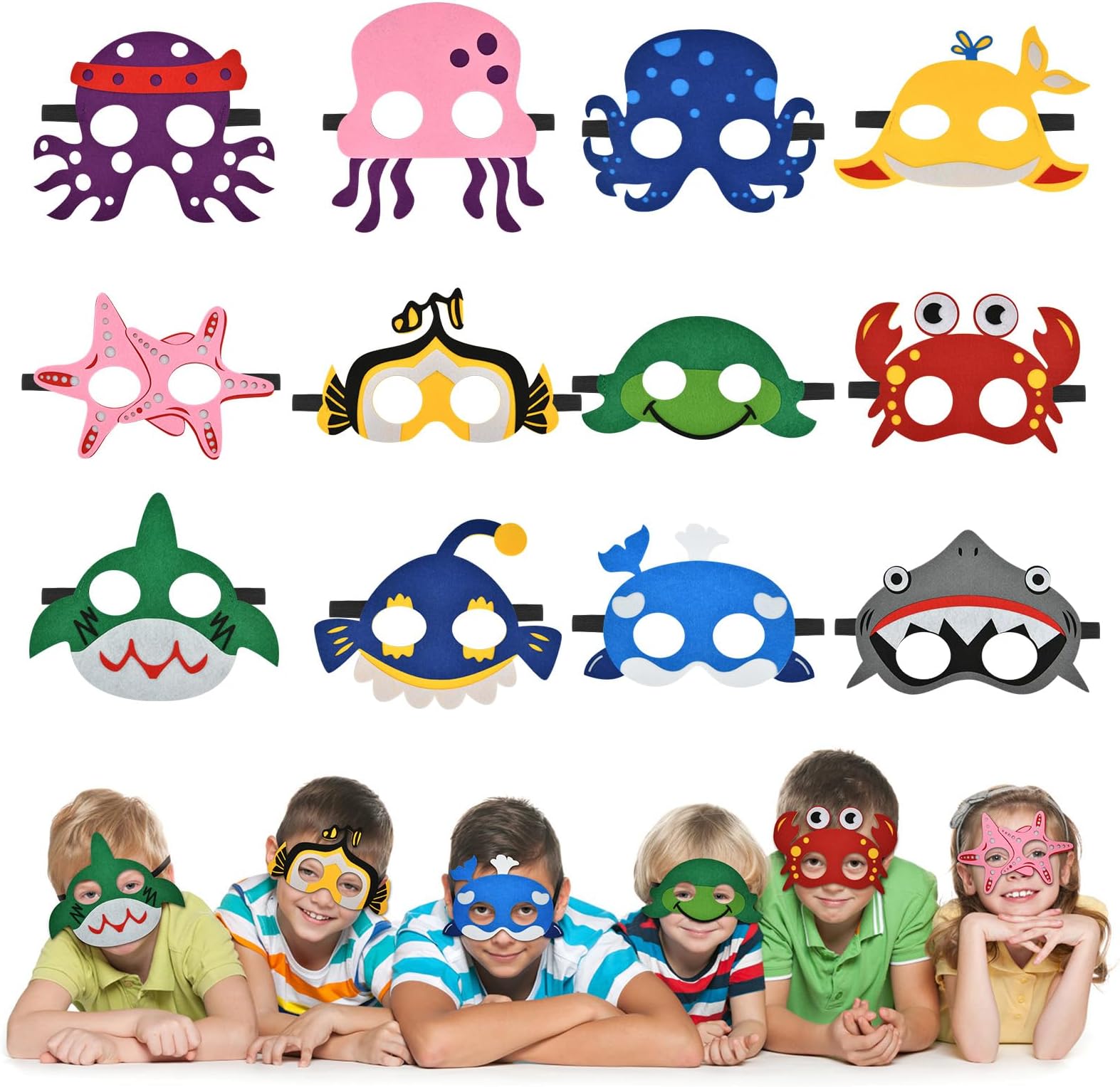 URAQT Cartoon Masks, 12Pcs Kids Marine Organism Masks, Dress Up Cute Animals Mask for Boys & Girls, Felt Eye Mask with Elastic Rope for Masquerade Birthdays Party Halloween Christmas Cosplay