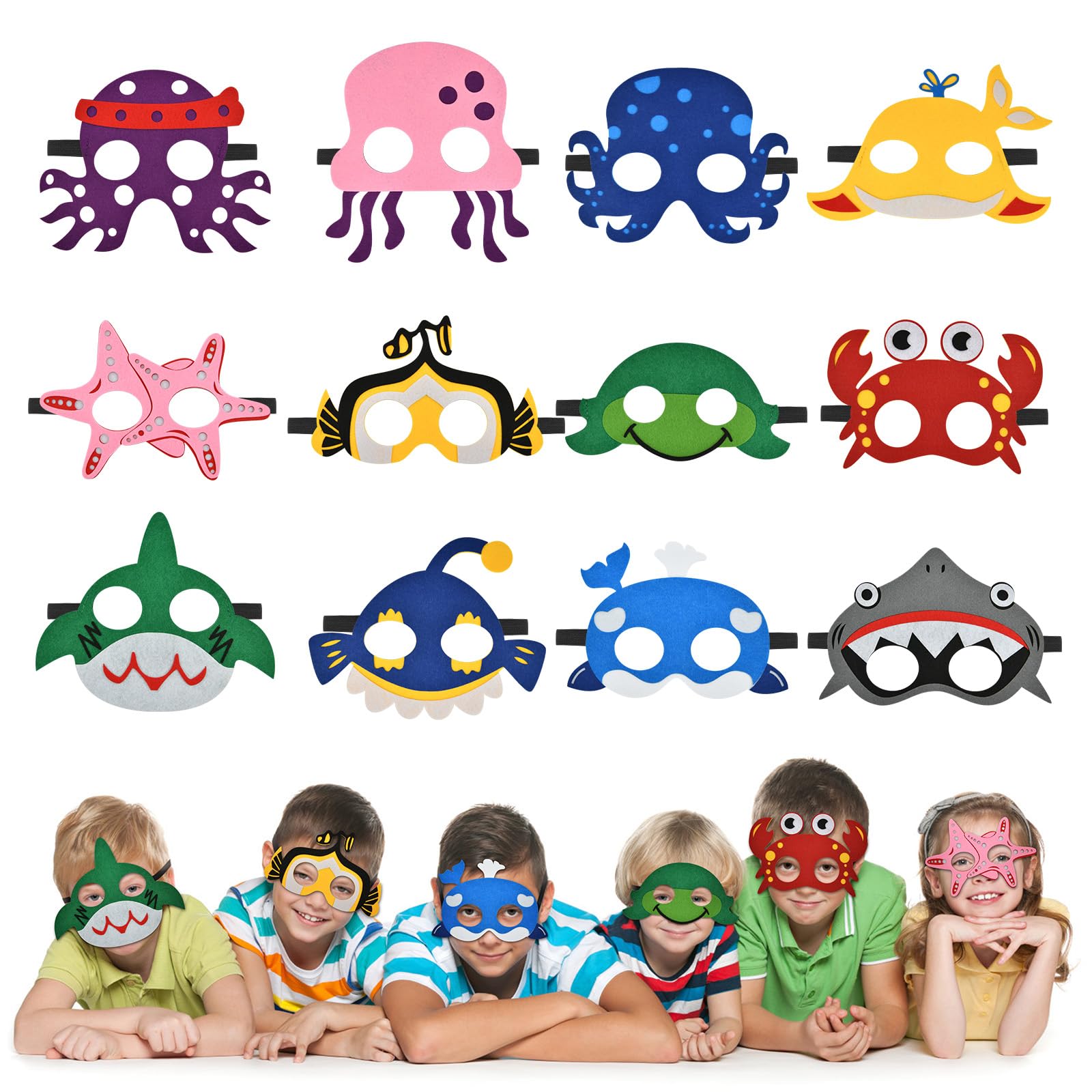 URAQT Cartoon Masks, 12Pcs Kids Marine Organism Masks, Dress Up Cute Animals Mask for Boys & Girls, Felt Eye Mask with Elastic Rope for Masquerade Birthdays Party Halloween Christmas Cosplay