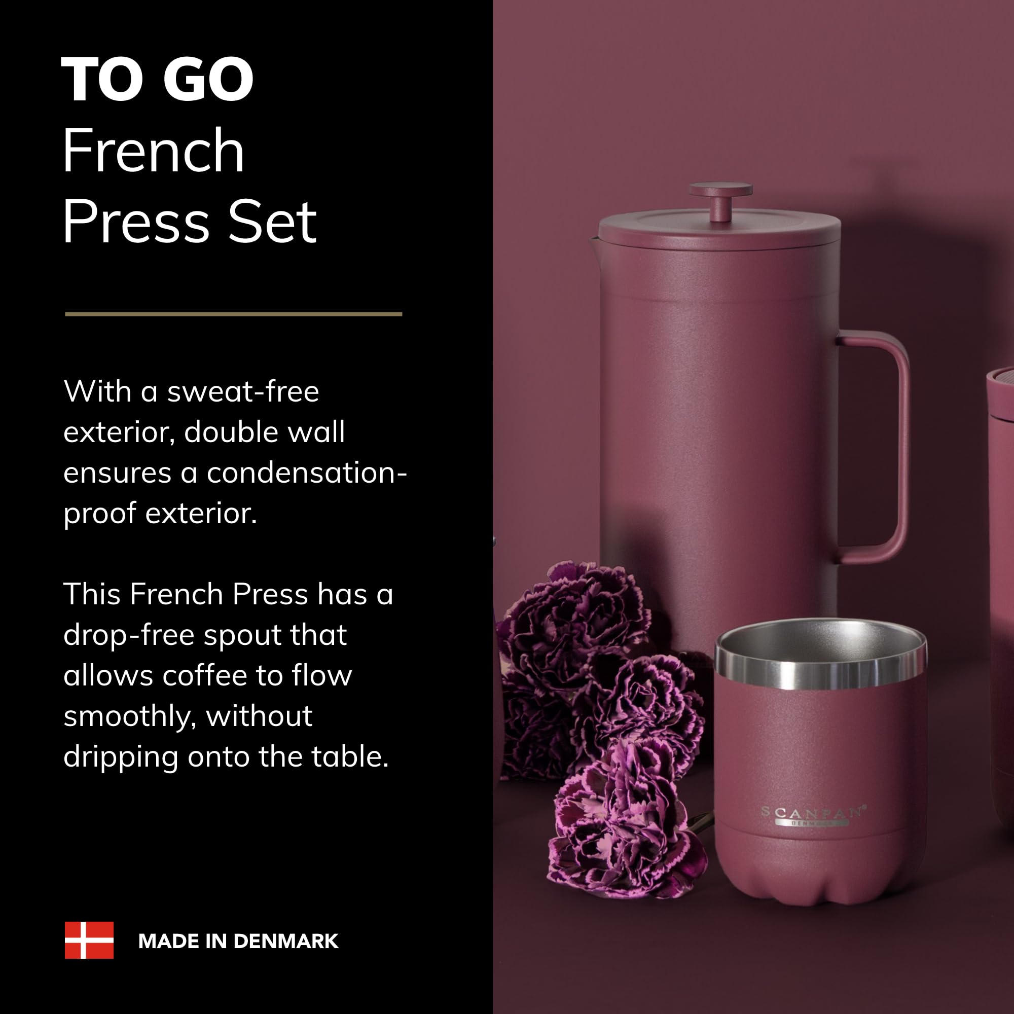 Scanpan TO GO French Press Coffee Maker 1.0L (Forest Green) + 4 Vacuum Cups 250 mL (Forest Green) - 18/8 Food Grade Stainless Steel - Scratch-Free Coating - Dishwasher Safe