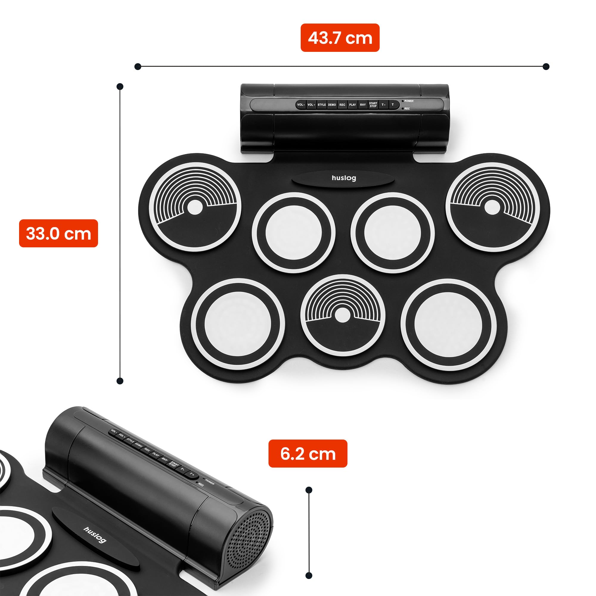 Batteria Elettronica Portatile per Bambini e Principianti, 7 Pad + 2 Pedali, 12 Ritmi Demo, 7 Suoni, Funzione Registrazione, Ingresso MP3, Uscita Cuffie e Altoparlanti
