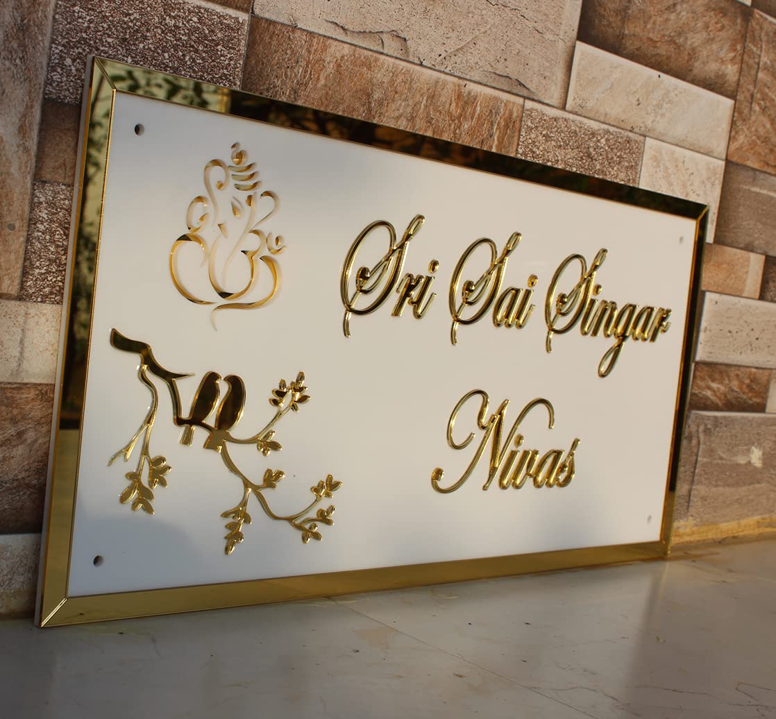 iCreations White Elegant Nameplate with Golden Acrylic Solid Letters (12x24 inch)
