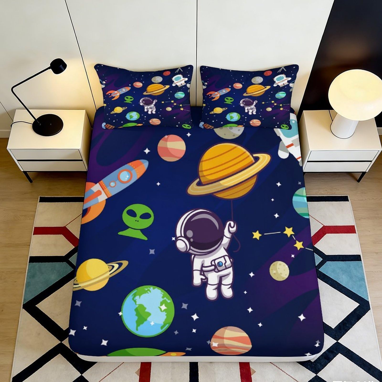 Pnayamiorkfel Style-6 3D Printed Space Astronaut Fitted Sheet Microfiber Deep Blue Cartoon Planet Mattress Cover For Bedroom Dorm Decor 90X200x25cm