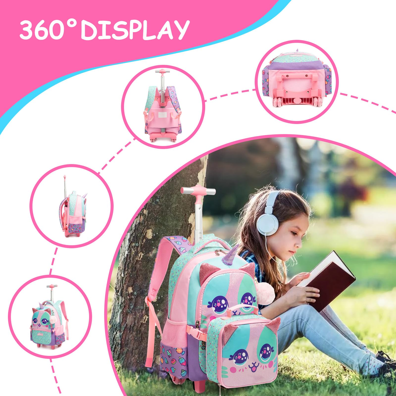 Mochilas Escolares con Animales Ruedas Carro Niña 17" 3PCS Mochila Carrito para Trolley Escolar Bolso de Viaje Estuche Stitch Mujer Maleta Colegio Grande Medianas Infantil Niñas Rosa
