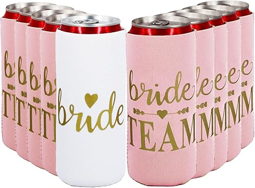 LADY&HOME Bachelorette Slim - Enfriadores de latas para dama de honor, juego de 10 enfriadores de latas para novia y novia del equipo para despedida