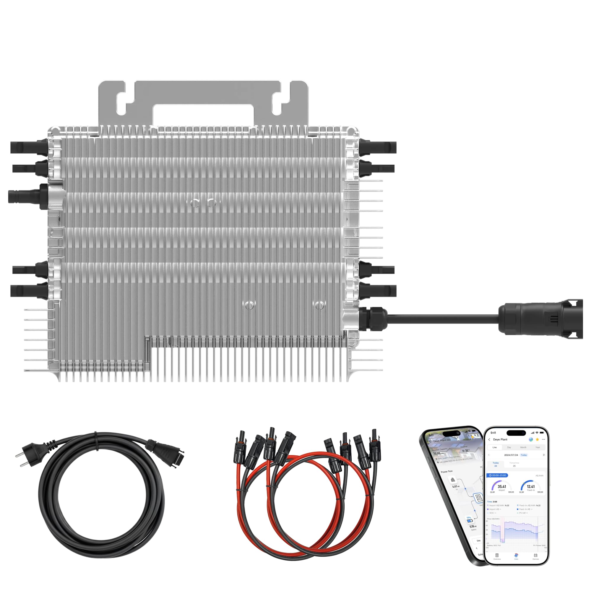 DEYE Mikro-Wechselrichter 1600 W SUN-M160G4-EU-Q0 inkl. 5m Anschlusskabel und 4x1m Solarkabel für Mini-PV Solaranlage Balkonkraftwerk, IP67 wetterfest, 4 MPPT, WiFi, Micro Inverter