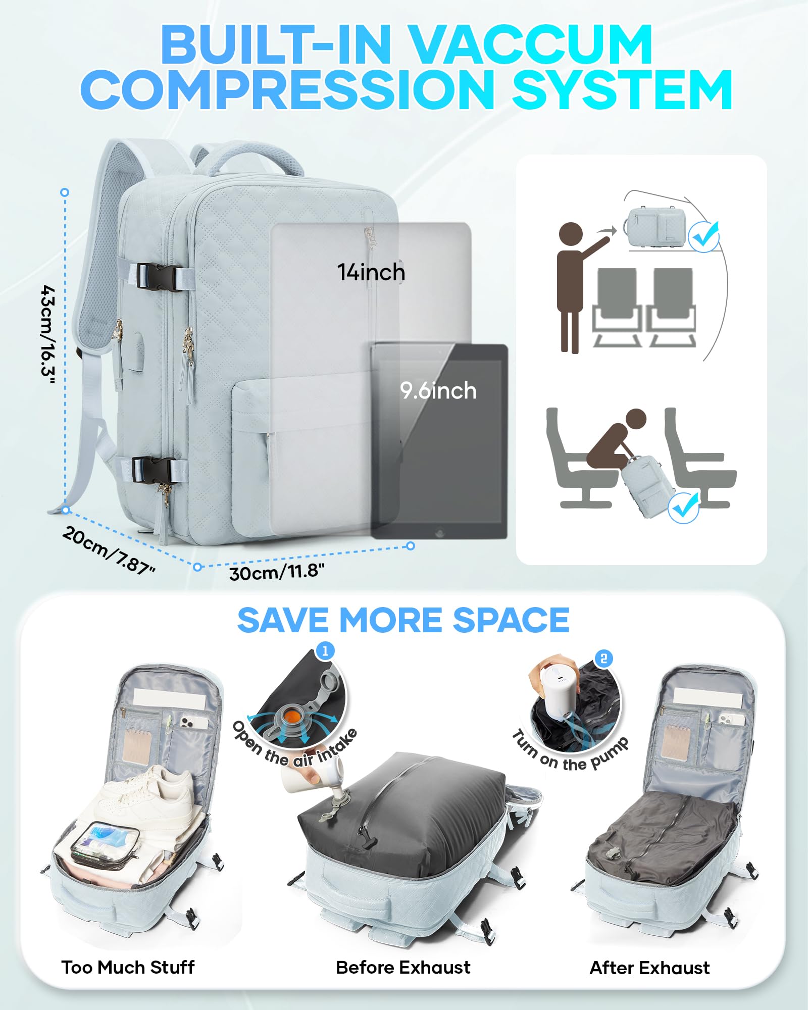 SZLX Zaino Ryanair 40x30x20 Sottovuoto Bagaglio a Mano 40x20x25 Donna Zaino da Viaggio 40x30x20 Wizzair Borse da Cabina per Easyjet 45x36x20 Uomo per Laptop 14 Pollici con Porta USB e Porta Scarpe