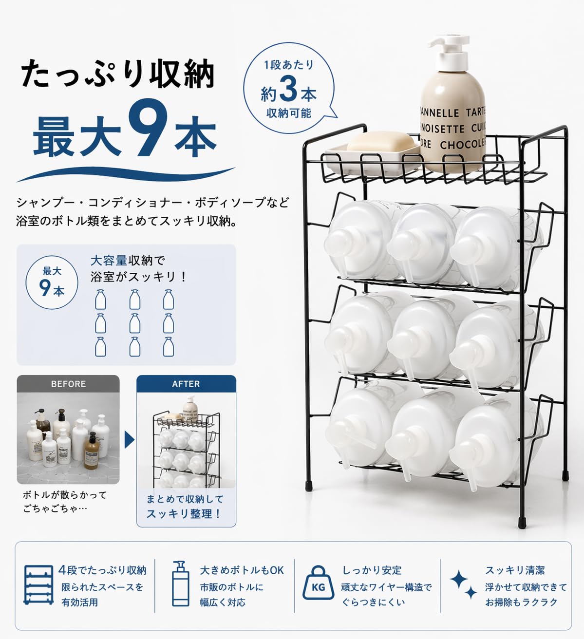 Amazon｜Umemigusa バスルームラック ステンレス 4段 ボトル最大9本