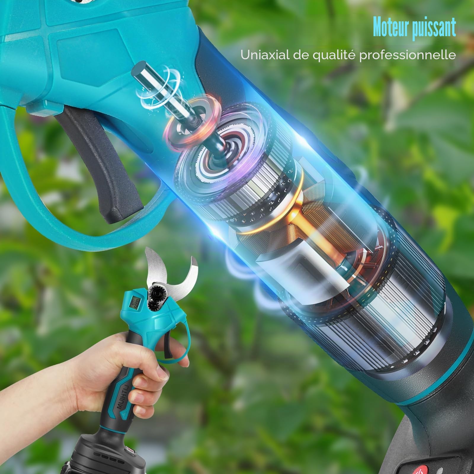 Sécateur électrique professionnel batterie 2x20V 1500mAh, écran LCD, moteur sans balais, coupe max. 30mm, lames SK5, jardinage