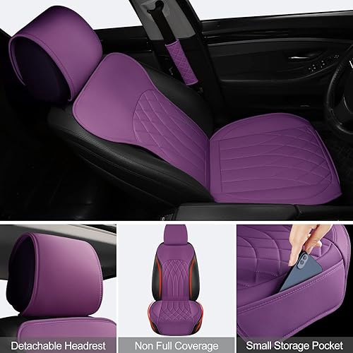 Miniatura 4 de Paquete de 2 fundas de cuero para asiento delantero de automóvil, protectores universales para asiento de automóvil sin laterales con bolsillo de