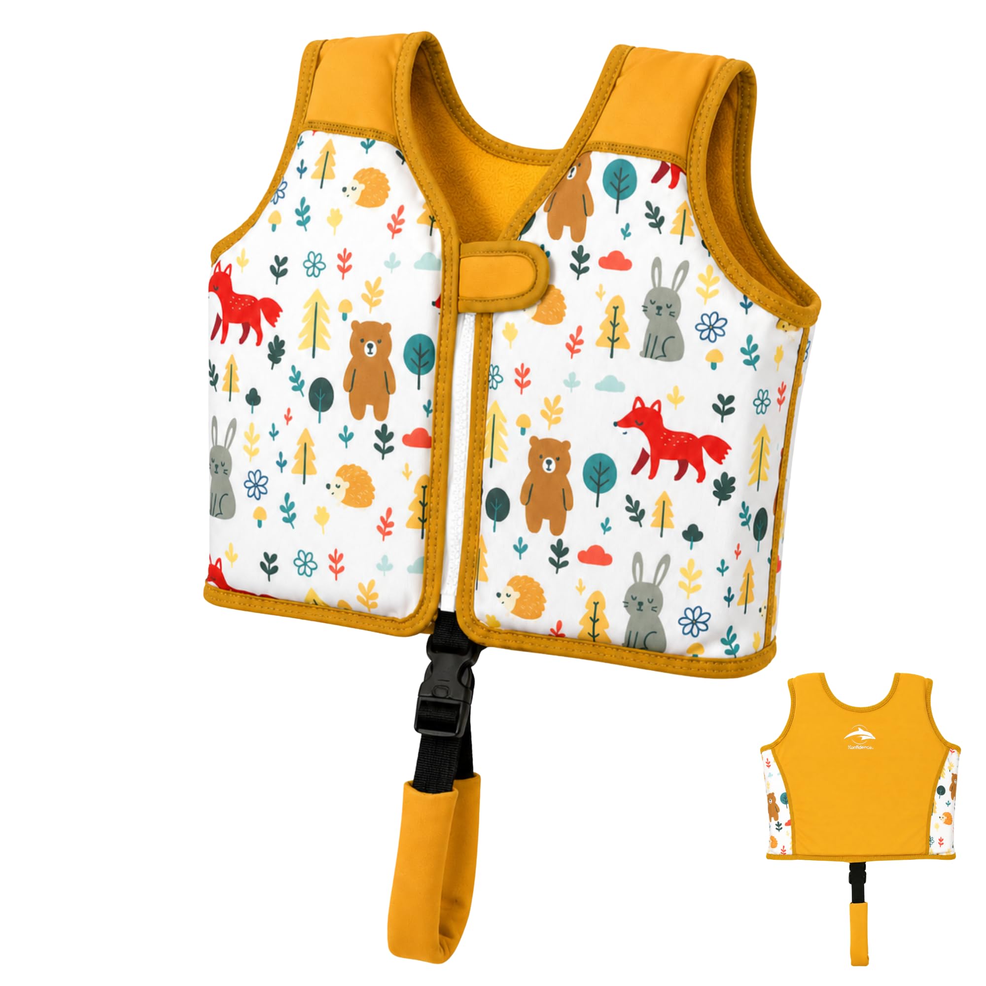 Konfidence e-Flex Swim Vest – Premium Swim Jacket made from Recycled Plastics for Kids, Babies & Toddlers aged 1-6yrs, with Safety Strap (Woodlands Gold, 1-3 Years)