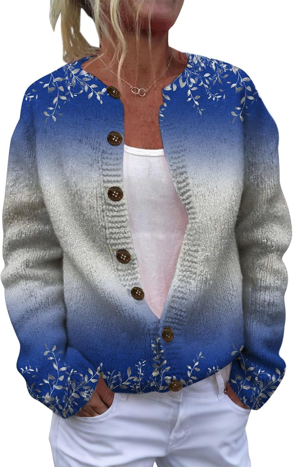 Womens Floral Graphic Print Cardigan Casual Long Sleeve Front Button Chunky Sweaters Fall Cropped Knit Blouse