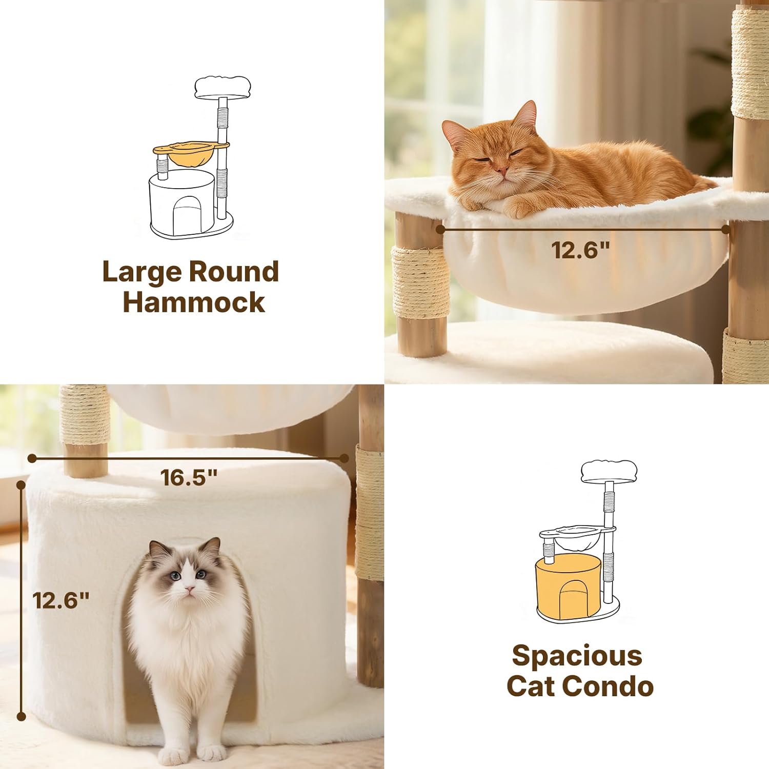 Veehoo Wood Cat Tree, Aesthetic Modern Cat Tree Tower with Scratching Posts, Luxury Cat Condo with Large Hammock and Soft Plush Perch for Indoor Cats