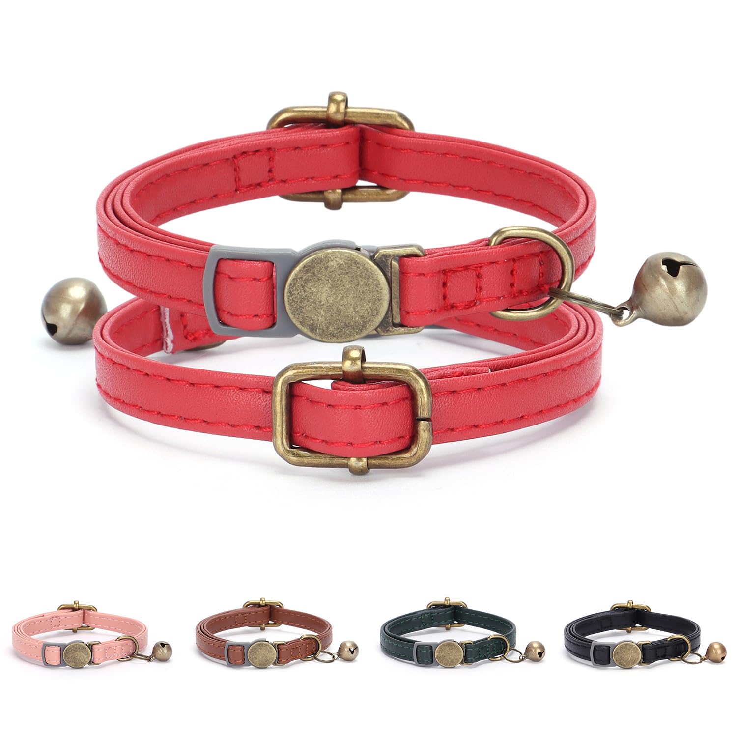 Personalized Vintage PU Leather Cat Collar with Bell Personalized Engraved Name and Phone Number Anti-Lost Durable Wear-Resistant Detachable Adjustable