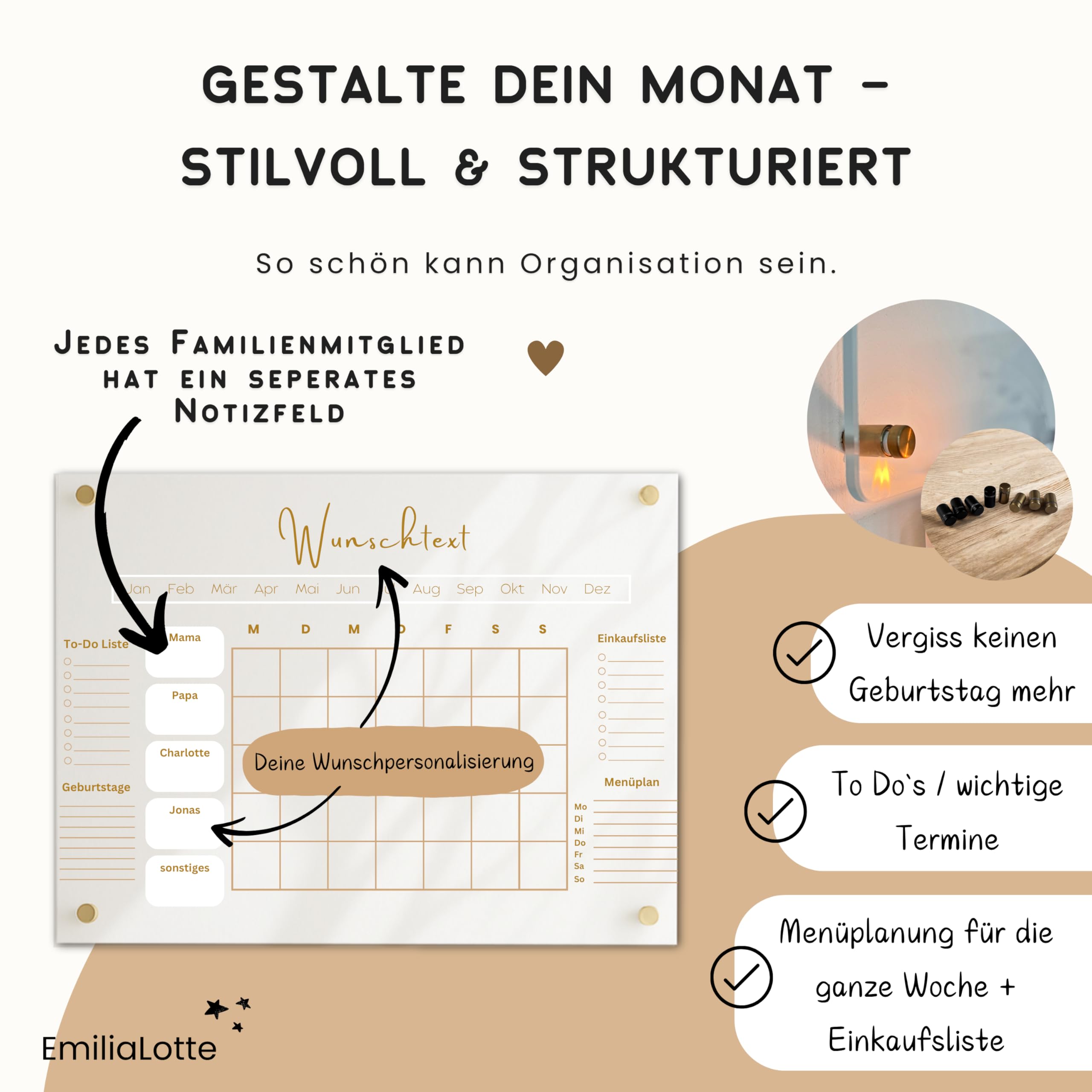 EmiliaLotte Personalisierter Familienplaner aus hochwertigem Acryl I Abwischbarer Wand Kalender für die ganze Familie I Wiederverwendbarer Monatsplaner mit Einkaufsliste, Menüplan & Mehr - Weiss Beige