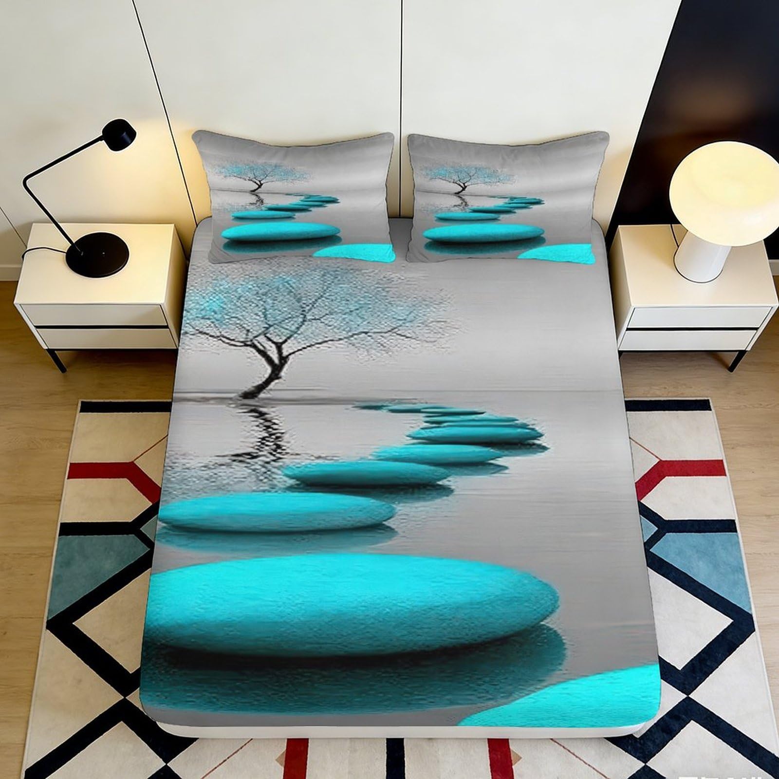 Qjzxknhpgr Style-2 3D Printed Zen Stone Path Fitted Sheet Microfiber Grey Blue Tree Mattress Cover For Bedroom Guest Room Decor 90X200x25cm