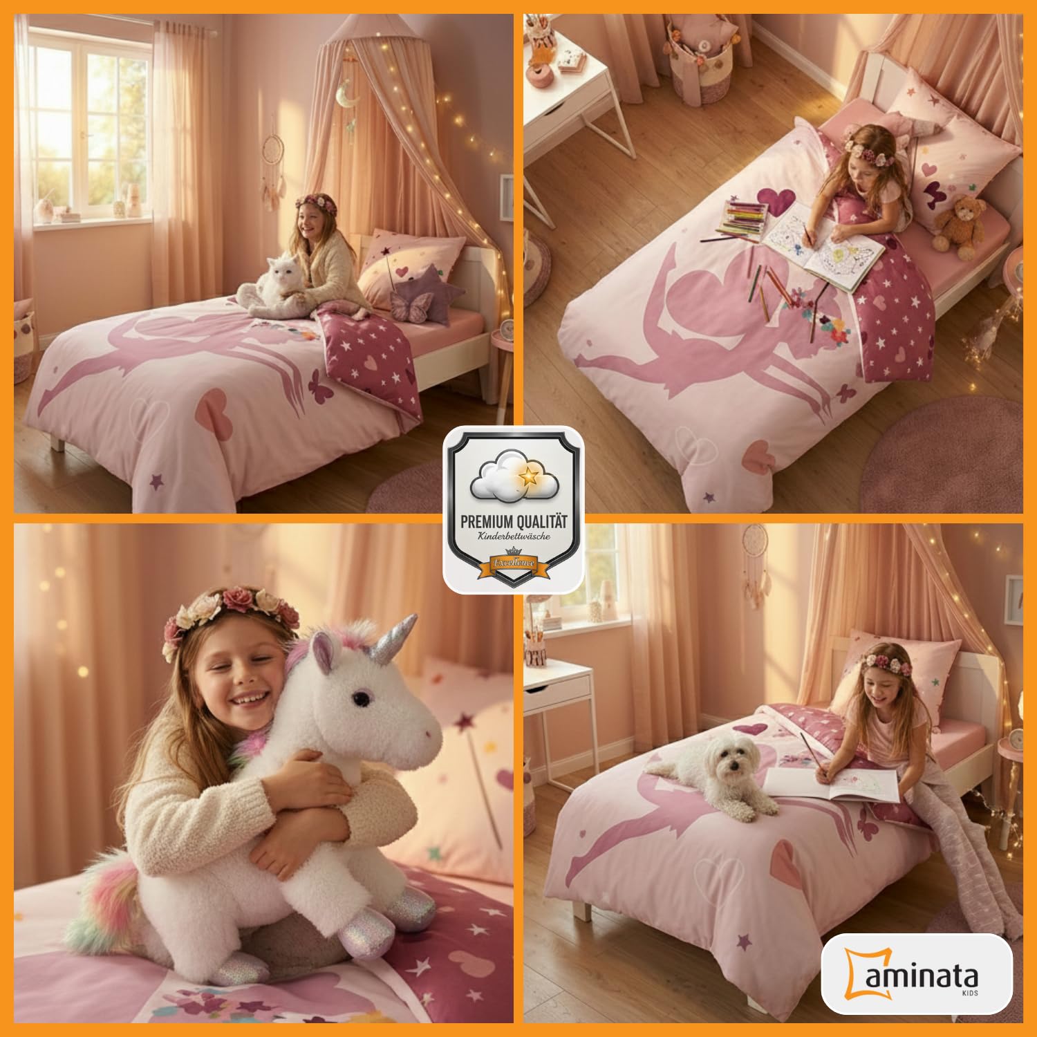 Aminata kids Biber Bettwäsche 135x200 Mädchen Fee 100% Baumwolle Feen-Motiv, Reißverschluss warm & kuschelig, Winter Wende-Bettwäsche-Set