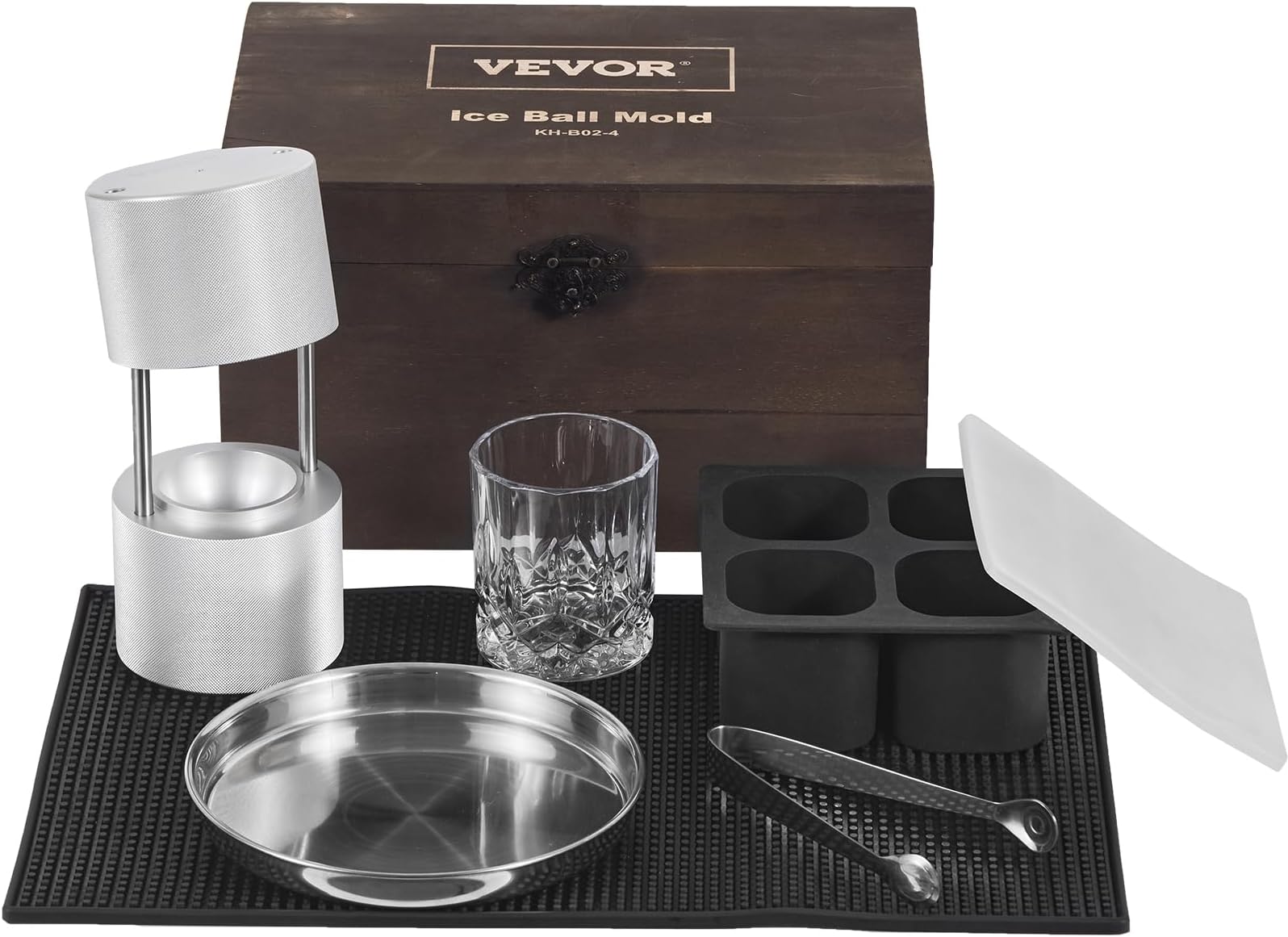 VEVOR Ice Ball Press Kit, Aviation Aluminum Press With Block Mold, Large Mat, Tong, Drip Tray, Glass, Round Maker 2.4"/60 mm Sphere, for Whiskey, Cocktail on Party & Holiday