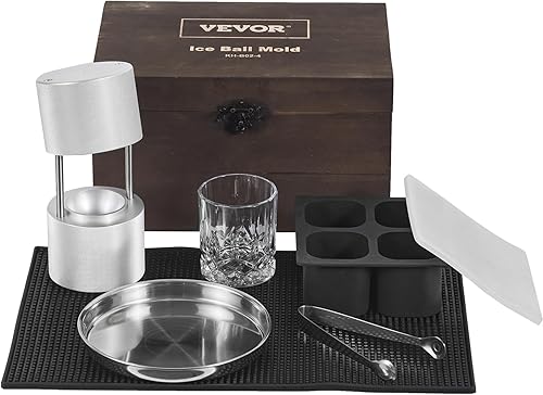 VEVOR Kit de prensa de bolas de hielo, prensa de hielo de aluminio de aviación con molde de bloque de hielo, alfombrilla grande, pinzas, bandeja de