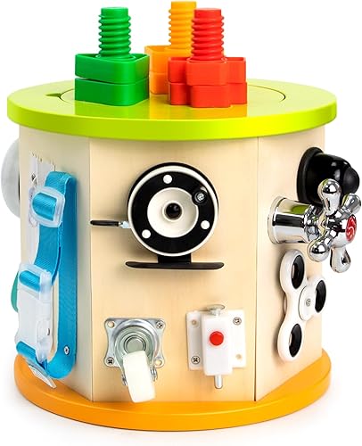 Tablero de actividades de madera para niños pequeños, tablero de juegos sensoriales de cubo, tablero de actividades de habilidades de vida motoras