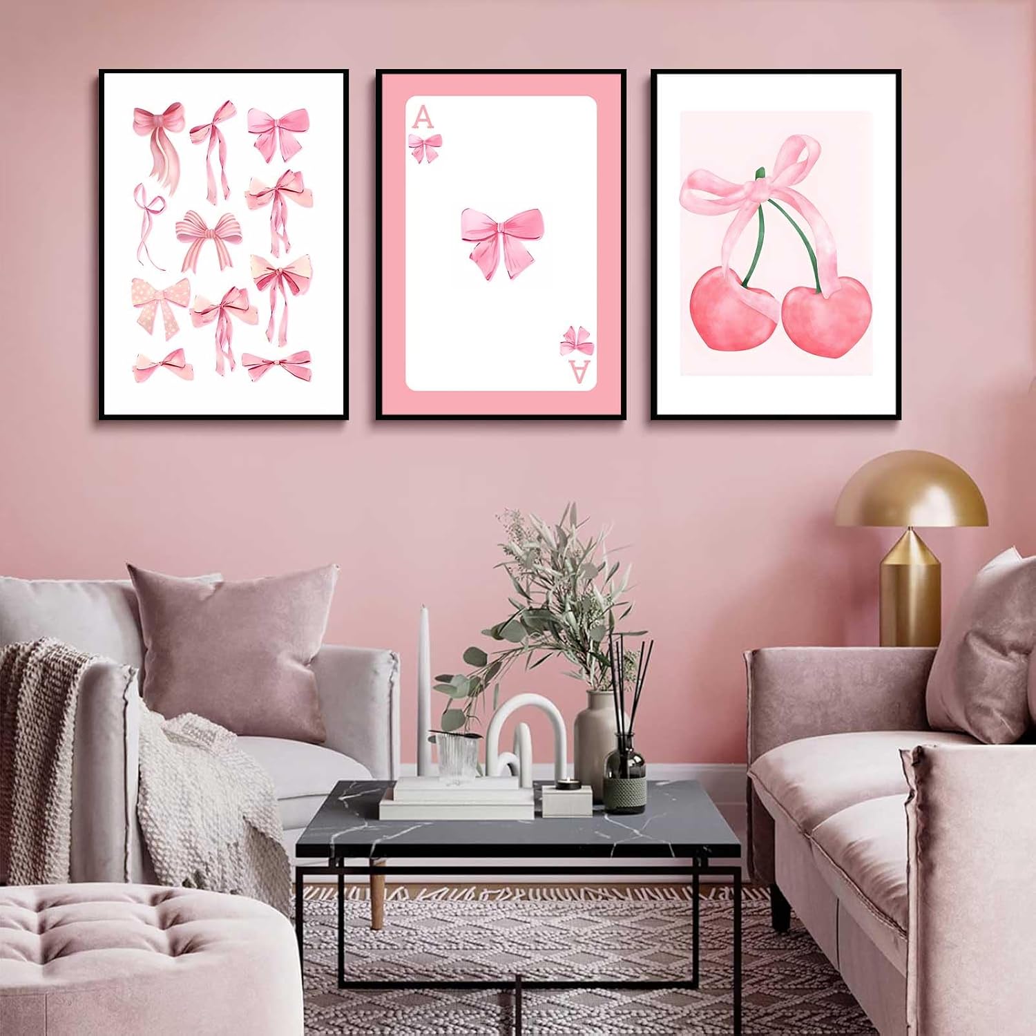 3Pcs Trendy Pink Bows Wall Art Preppy Watercolor Bows Canvas Posters Prints Girly Aesthetic Wall Decor Pictures for College Apartment Bedroom Decoration, Unframed 12x16in