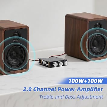 ZK-1002T Bluetooth 5.0 Stereo Amplifier Board 200W HiFi 2.0 Channel Mini Audio Amplifier Module with Treble and Bass Control, AUX Input, DC 12V-24V for Speakers