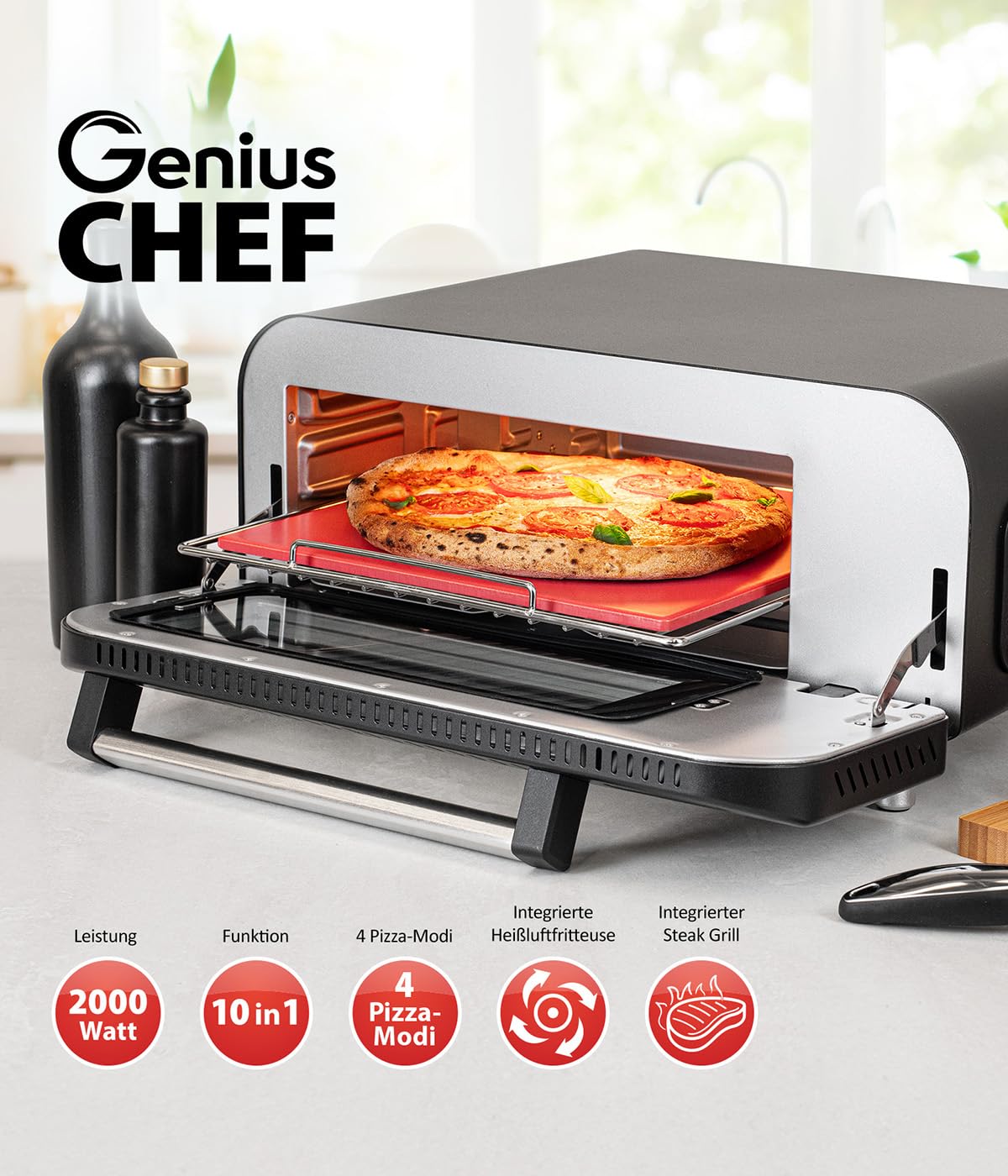 Genius Chef Four à pizza électrique, 10 en 1, 8 pièces, 400 °C, 2000 W, Airfryer intégré, grill à steak, pierre à pizza et pelle à pizza incluses, 4 modes, maintien au chaud avec triple vitrage