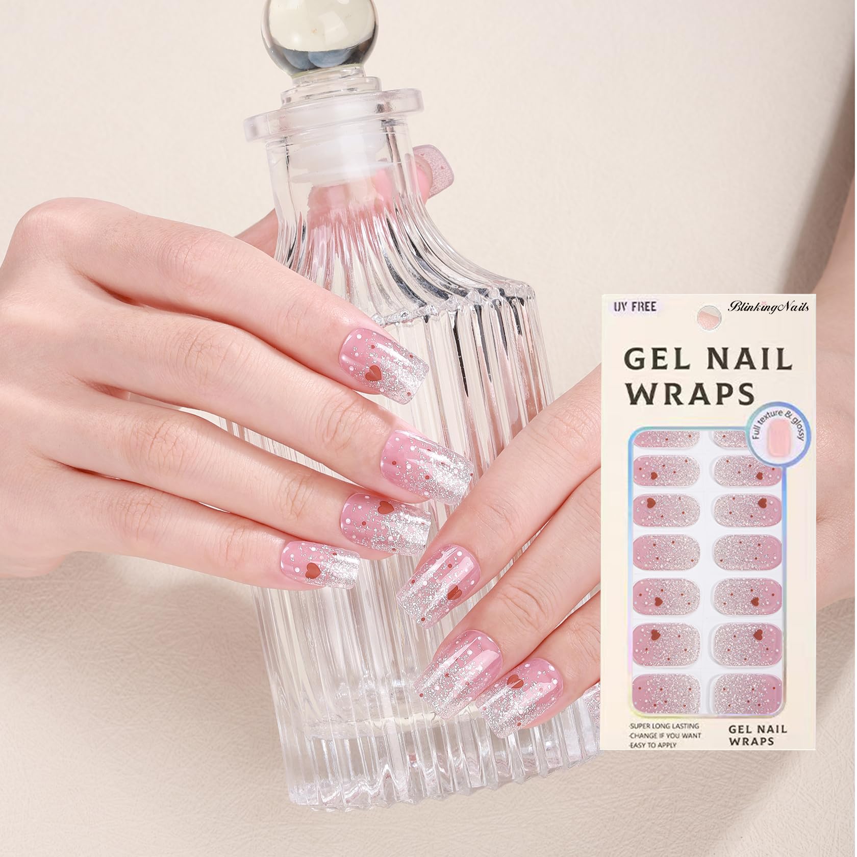 UV-Free Gel Nail Wraps, Nail Art Stickers，Long-Lasting Self-Adhesive Strips with Application Kit, 16pcs with 8 Sizes, Cuticle Stick & File, Elegant