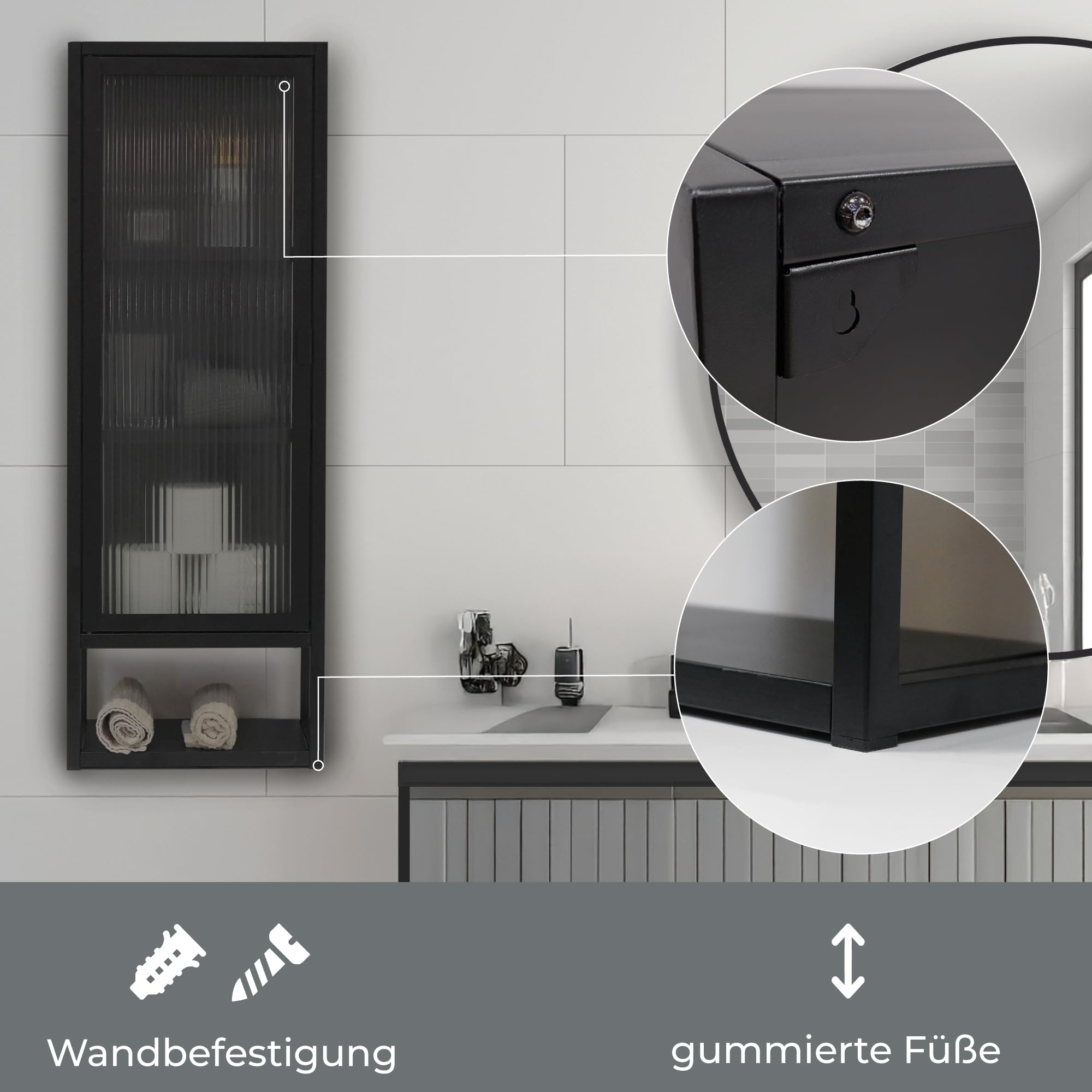 osoltus Wandschrank Riffelglas Stahl Regal Cube schwarz Industrial 102x36cm