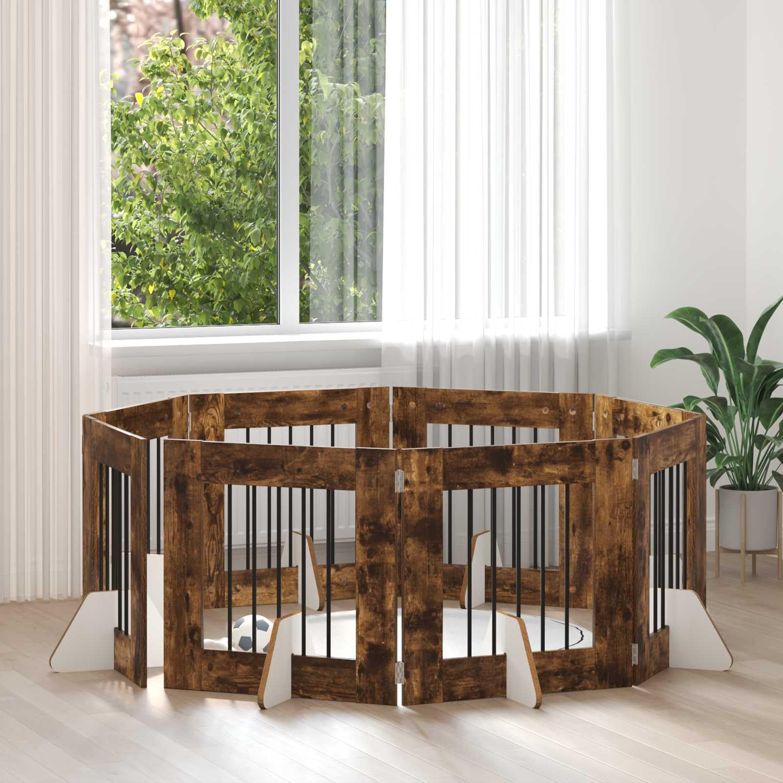 Portería para perros con soporte, 8 piezas de roble ahumado, 60 x 60 cm, plegable y portátil, para interior y exterior, protección segura y barrera para cachorros y perros