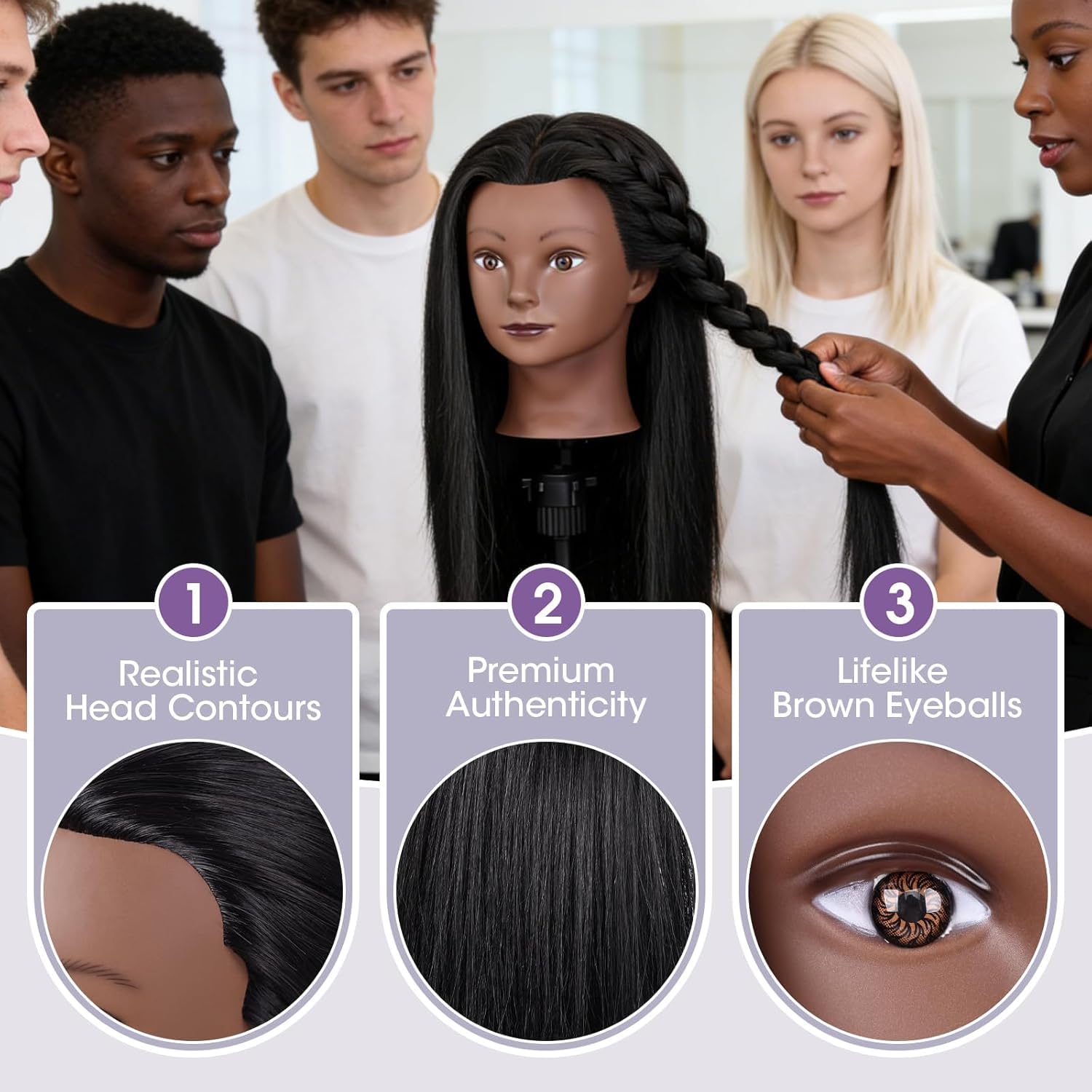 Tête de coiffure, 66 cm, 80 % cheveux naturels, noire, avec pince de table et accessoires, pour couper, tresser et coiffer
