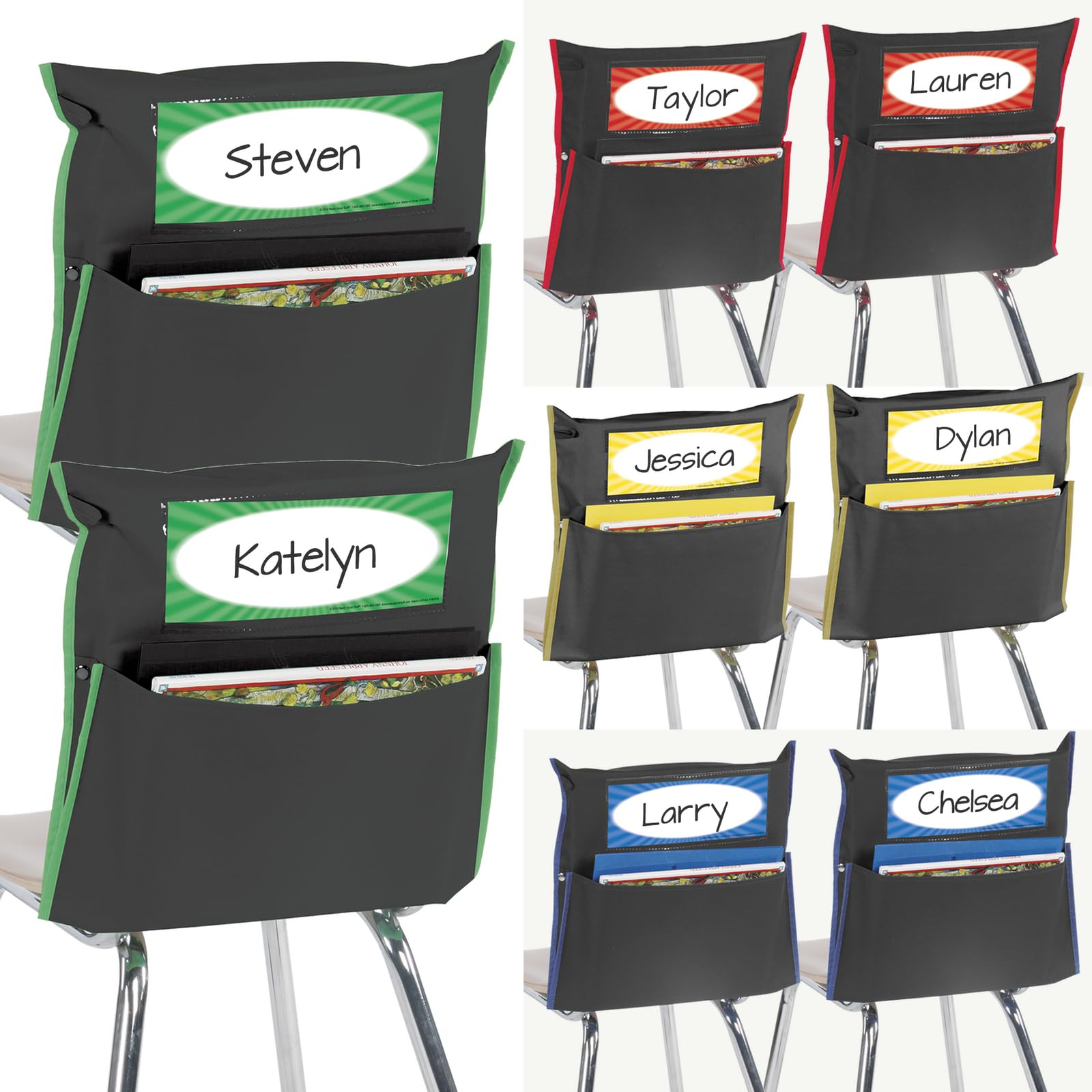 Really Good Stuff - Store More Black Grouping Chair Pockets - Set of 8 - Black & Color Accents - Classroom Essential - Pocket Chair Organizer Keeps Students Organized and Classrooms Neat