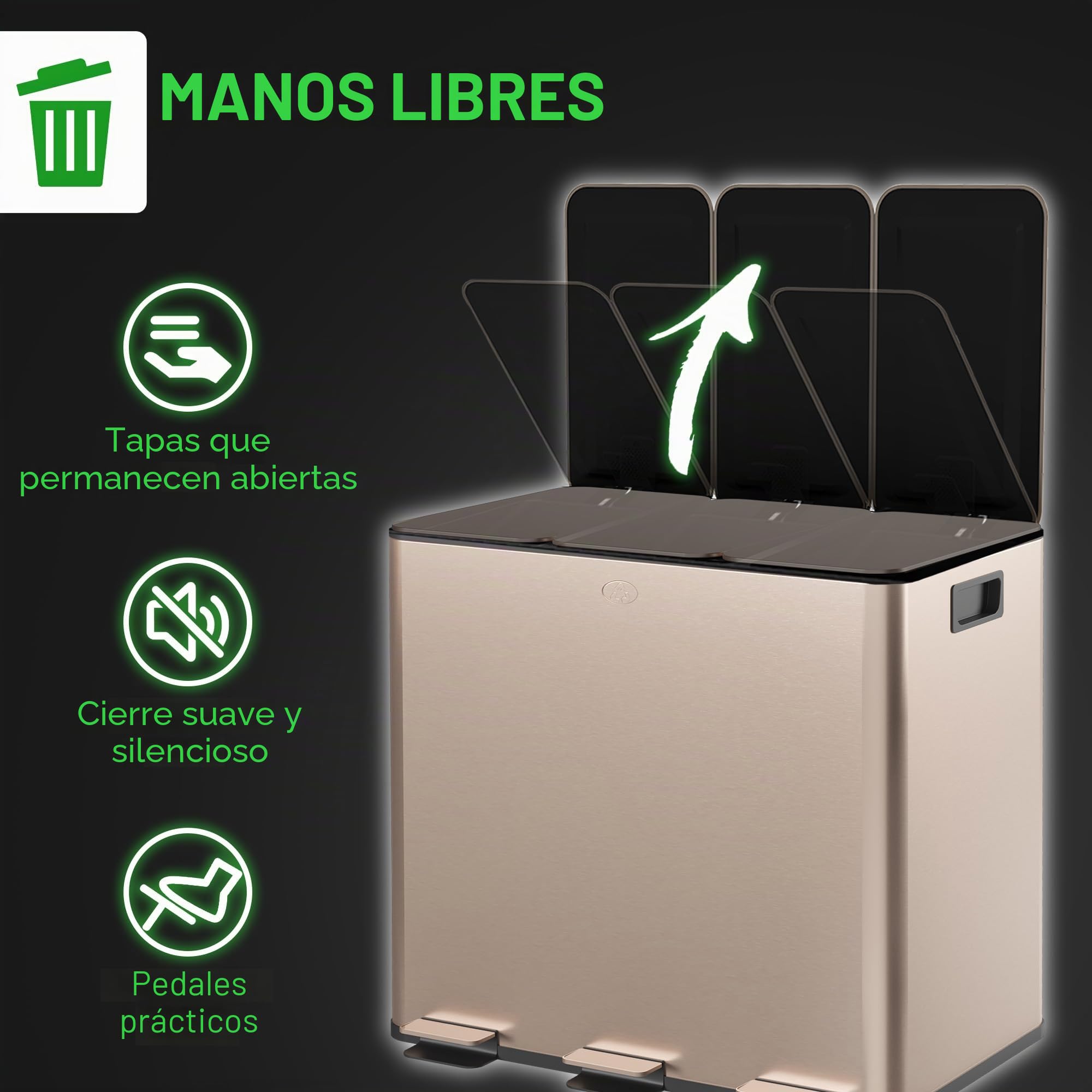 HOMCOM Cubo de Cocina Triple, Cubo de Pedal 3 x 15L, Cubo de Basura Triple de Acero Inoxidable con Tapa de Cierre Suave, Cubos Interiores Extraíbles, A Prueba de Huellas Dactilares para Reciclaje y