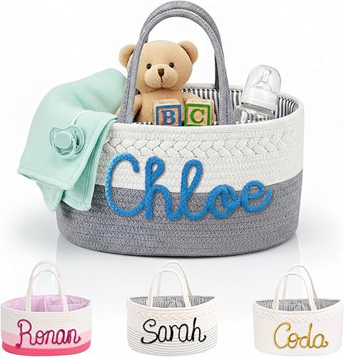 ubmpj Organizador de pañales personalizado, cesta de guardería con nombre personalizado, almacenamiento de cuerda de algodón para artículos