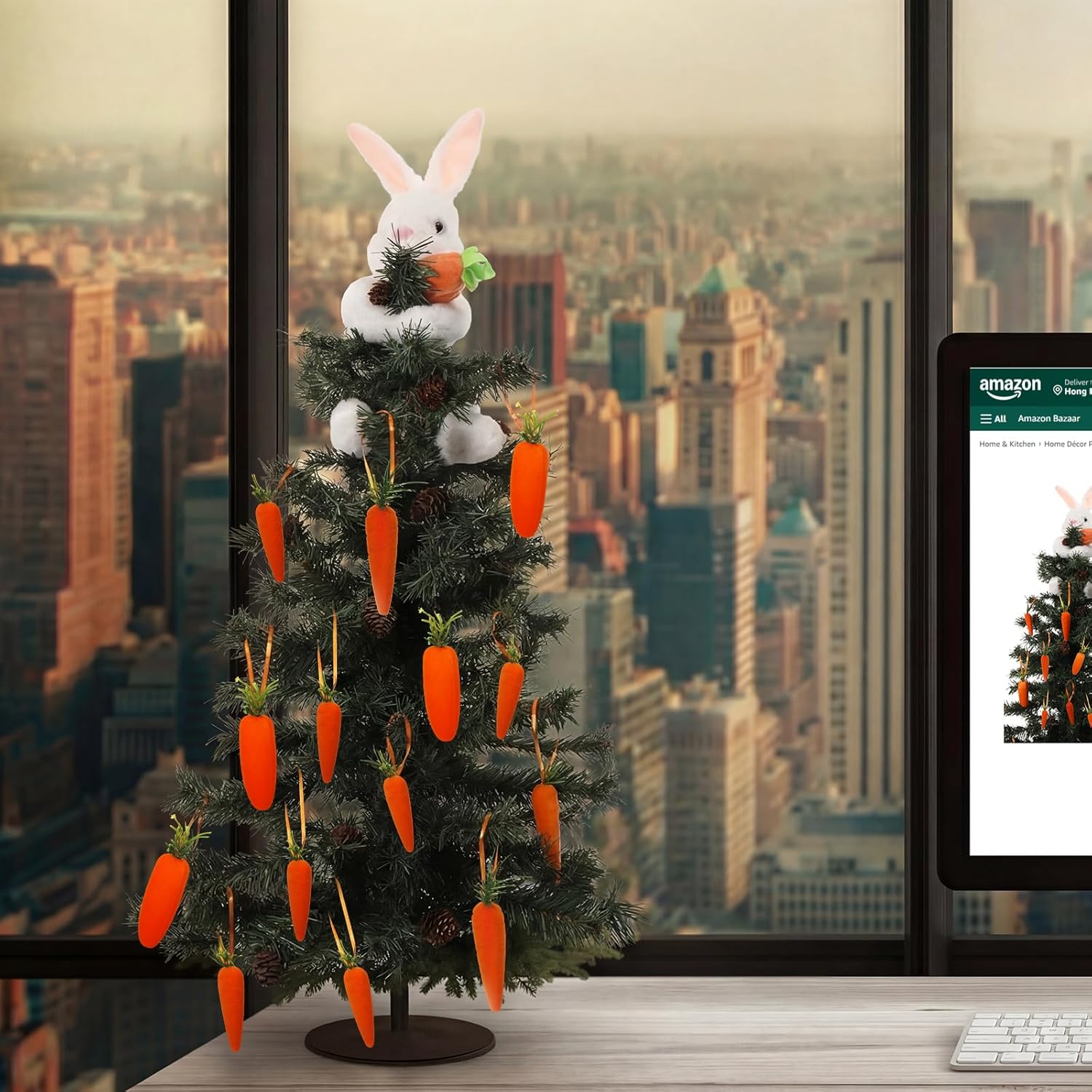 13 Pcs Easter Bunny Tree Topper Decorations, Includes 16 Inch Spring Plush Rabbit Tree Topper and 12 Pcs Carrot Hanging Home Ornaments in 3 Sizes for Spring Holiday Party Supplies