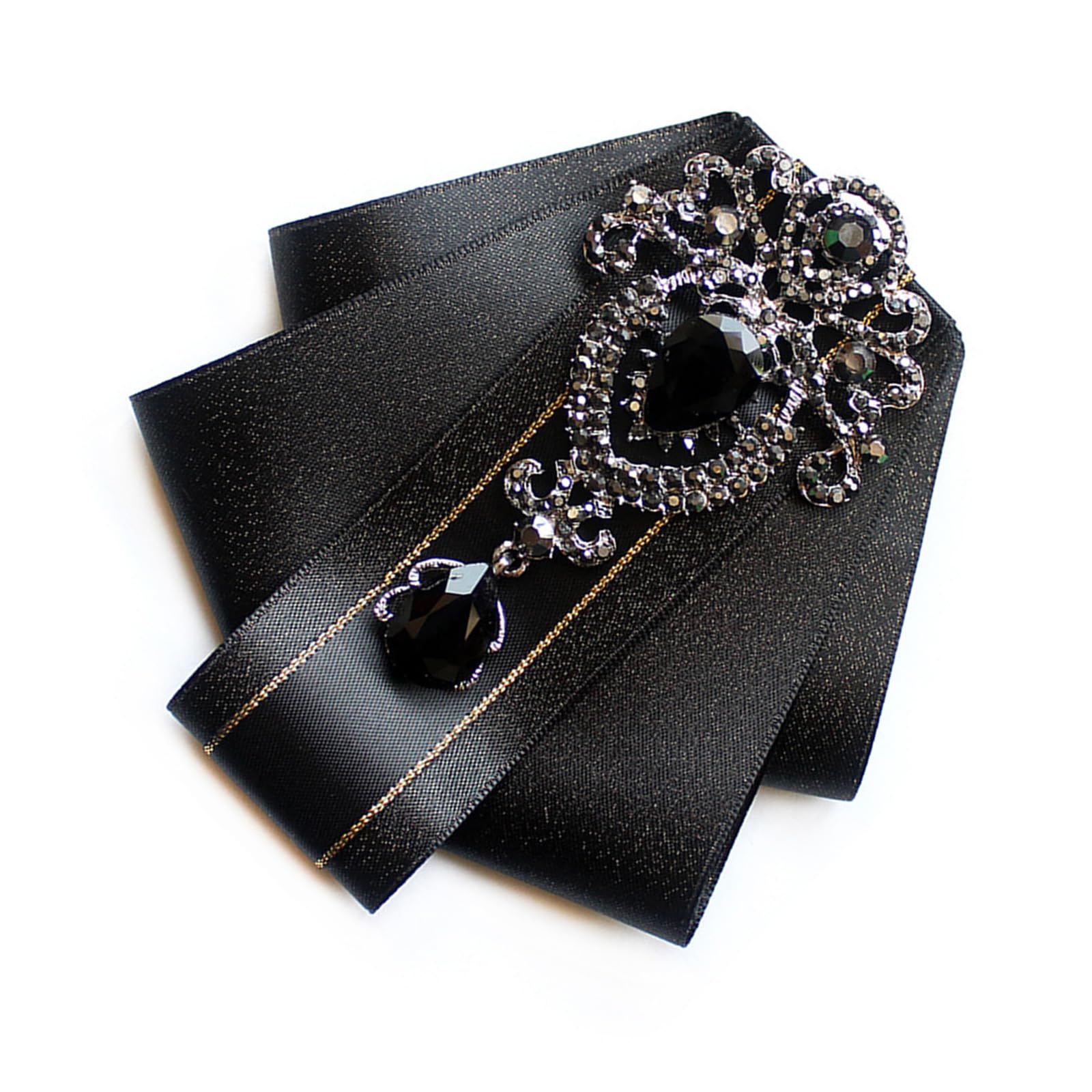 Montesy Men's Black Wo Silk Ribbon Bowtie Brooch Pin Wedding Crystal Rhinestones Vintage Bowknot Clip Shirt Collar Pretied Necktie Polyester Silk Ribbon Cravat