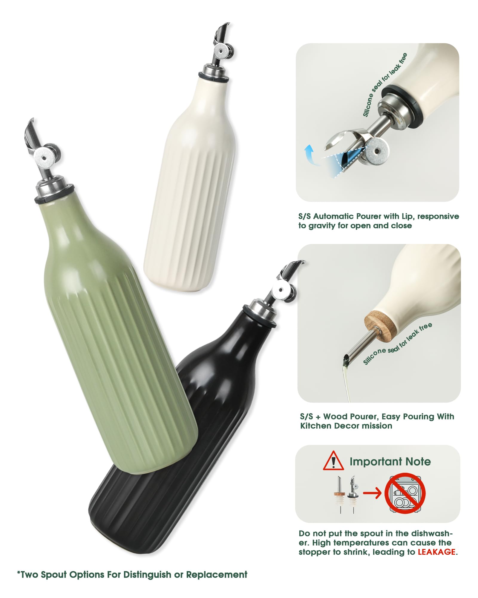 Botella dispensadora de aceite de oliva para cocina, dispensador de botellas de aceite y vinagre de cerámica de 17 onzas, recipiente de aceite de cocina de gran capacidad para aceite de oliva,
