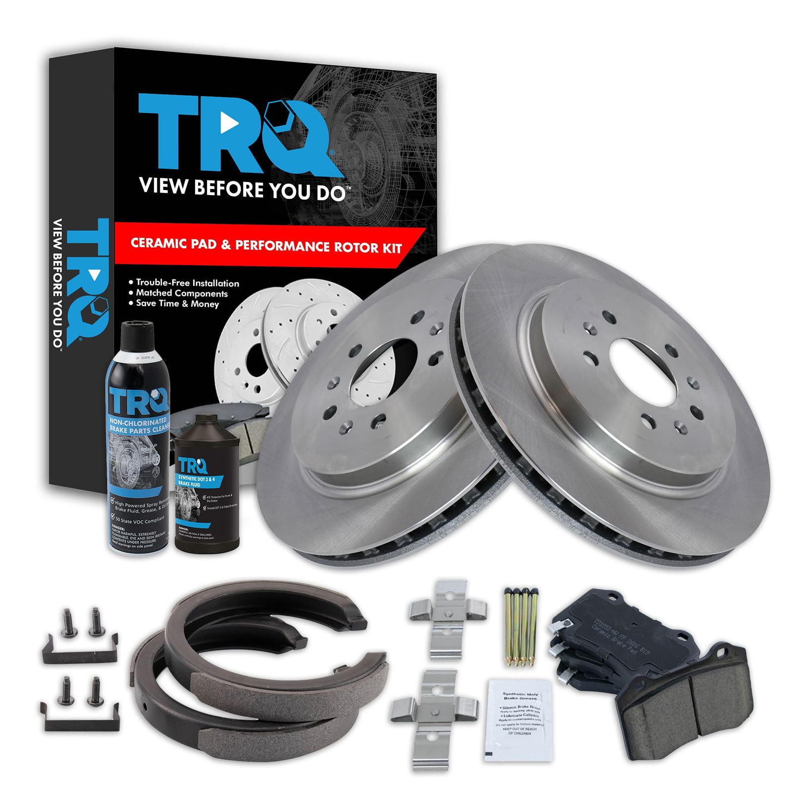 TRQ Rear Brake Pad &amp; Rotor Kit, with Chemical Kit Parking Brake Shoe Set Ceramic Compatible with 2006-2008 Cadillac STS