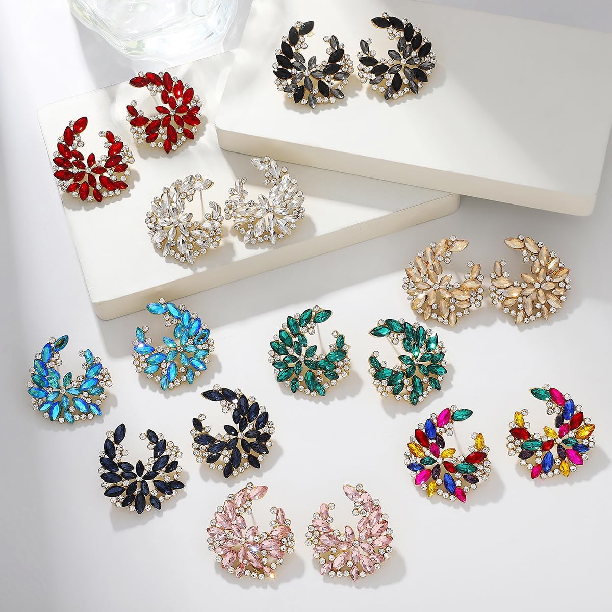 Crystal Flower Floral Stud Earrings for Women 14k Gold Plated Fashion Rhinestone CZ Cluster Floral Bridal Earrings for Wedding Bride Bridesmaids Party Prom