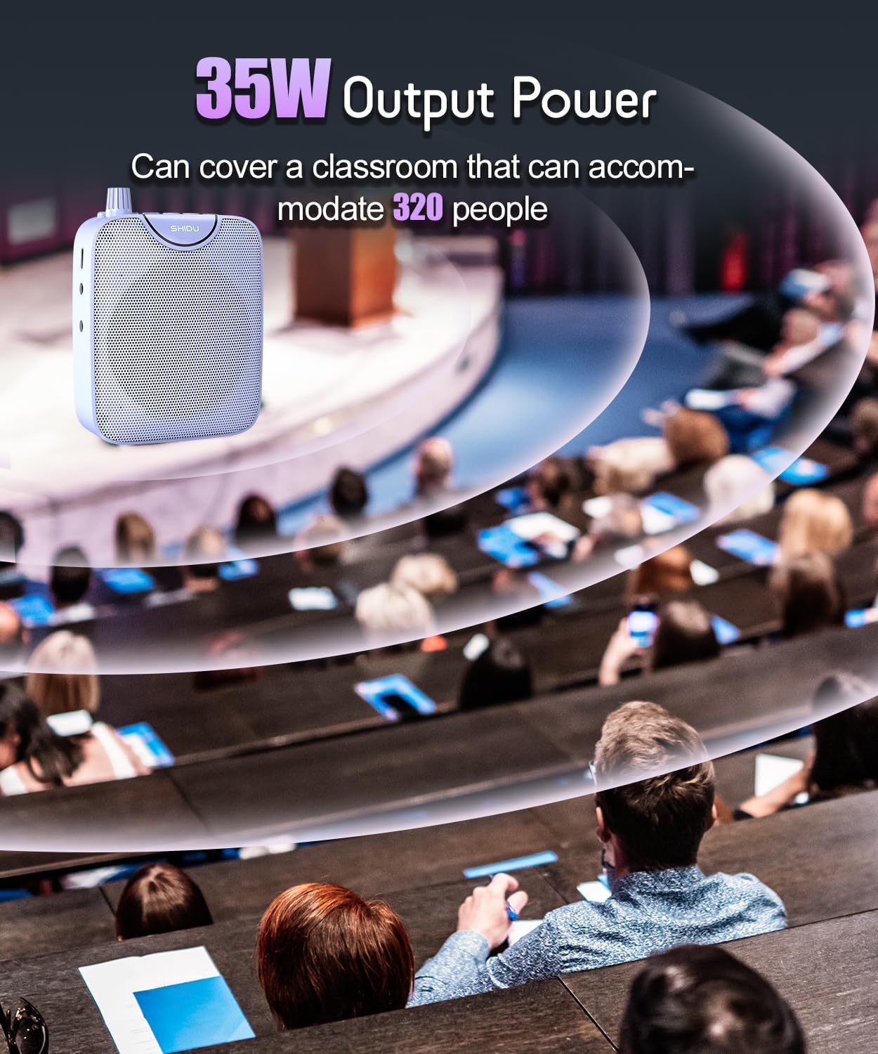 SHIDU 35W Power Voice Amplifier with Bluetooth Wireless Lavalier Microphone, Portable Teacher Mic with Speaker Personal Clip On Microphone System for Teacher Meeting Training-M500 (Purple) - Image 2