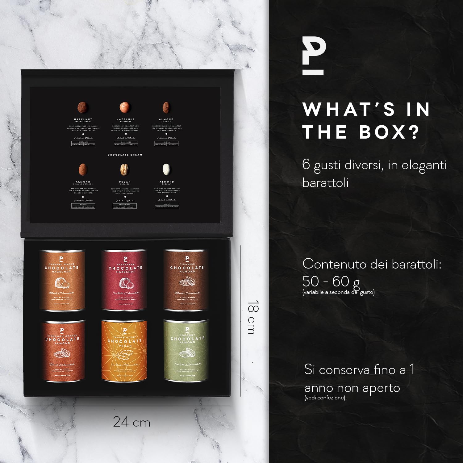 P-Stash Black Box Mix di Noci Chocolate Dream – Confezione da 6 – Pecan, Nocciole & Mandorle – Noci al cioccolato con spezie uniche, tostate a mano a Berlino