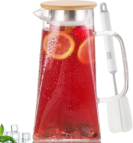 Jarra de agua de vidrio con tapa de madera, jarra de agua resistente de base cuadrada, jarra de nevera para bebidas fríascalientes - 54.1 fl oz 1.6