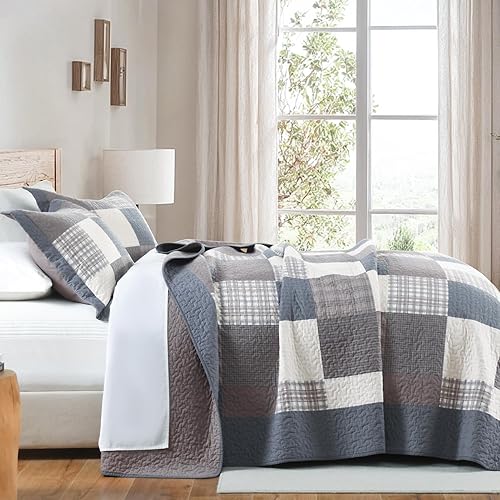 Miniatura 3 de KALOOLA Colcha de granja tamaño King  Juego de ropa de cama acolchada ligera 100% algodón, 3 piezas, colcha a cuadros estampada con 2 fundas de