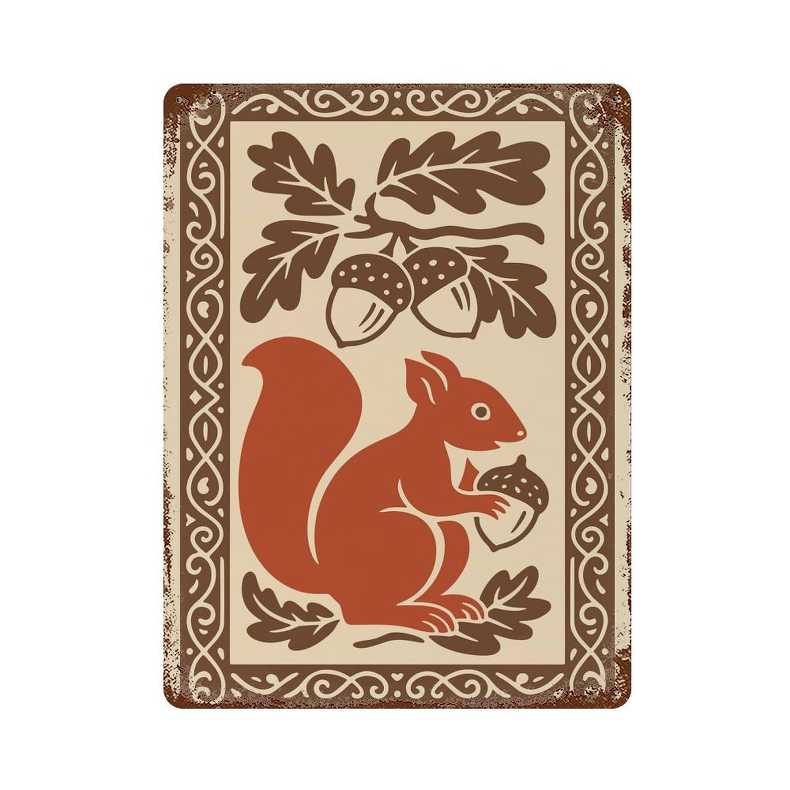 Garage Style Squirrel And Acorns Decorative Illustration Distressed Metal Wall Sign 15.7"x11.8", Rustic Home Decor for Bar And Workshop
