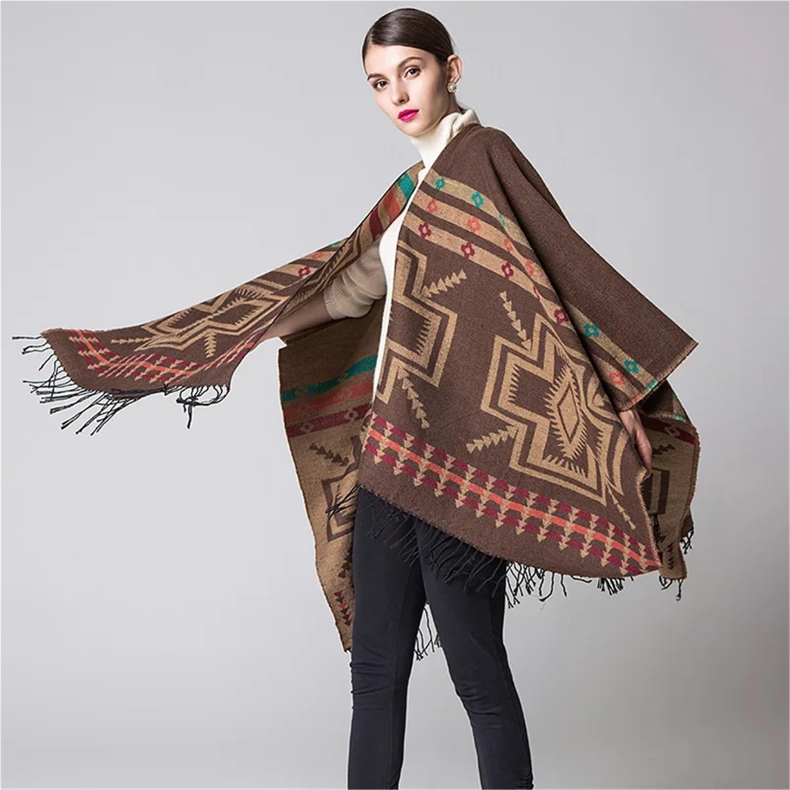 Poncho Donna Poncho Autunnali Popolari in Cashmere Spesso con Nappe, Stile Nazionale, da Viaggio, Scialle, Sciarpa, Mantelle