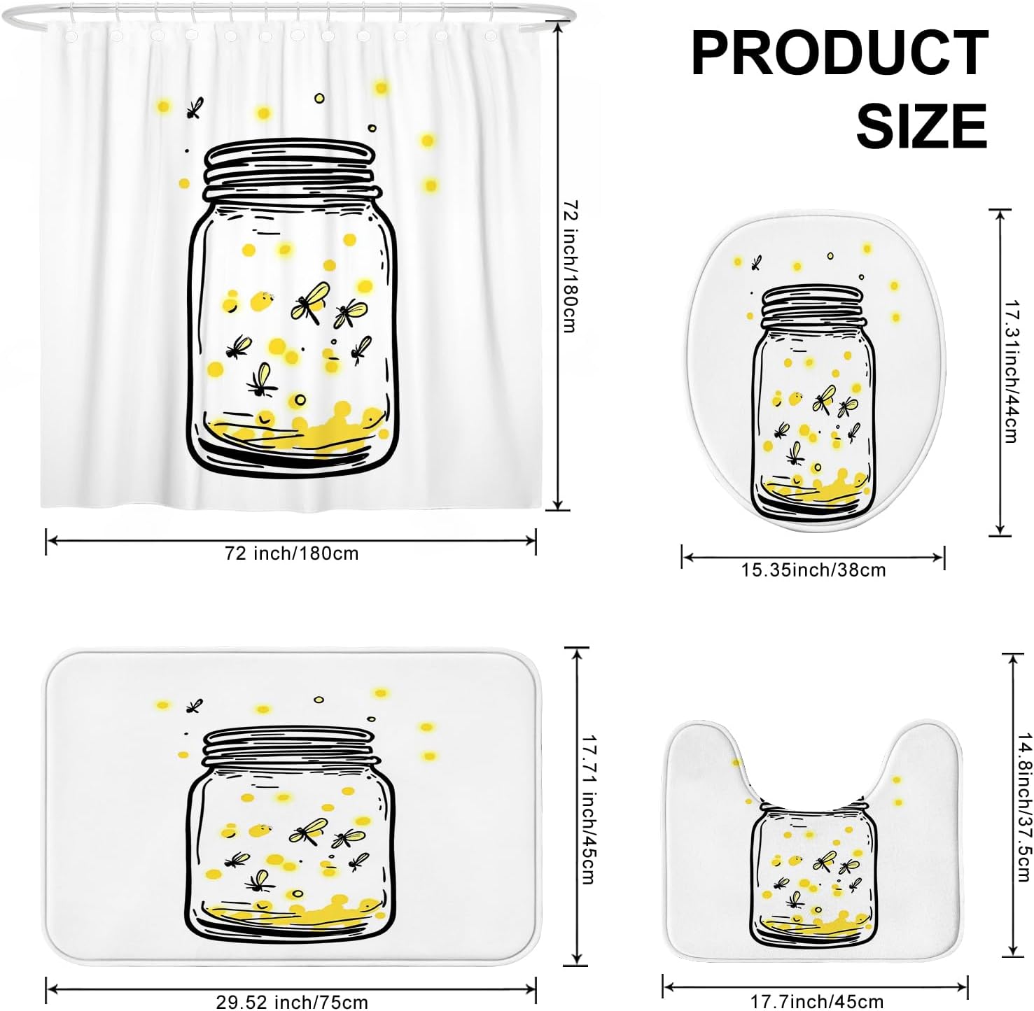 4PCS Kids Watercolor Firefly Bathroom Accessory Sets with Non-Slip Rug, U Shape and Toilet Lid Cover Mat, Funny Cute Insect Bathroom Decorative-72''x72''