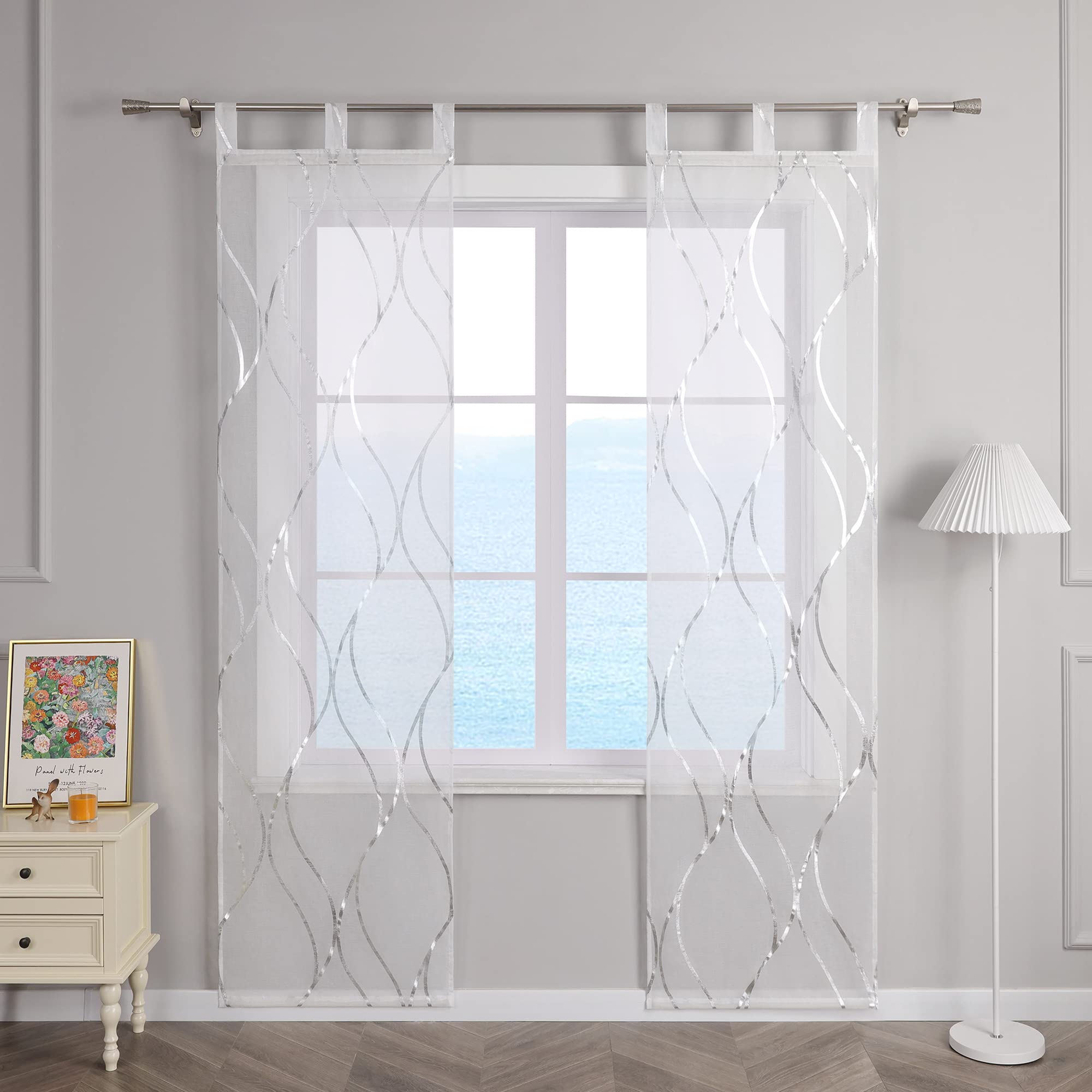 ESLIR Schiebegardinen Set 2er Flächenvorhänge Voile Gardinen mit Schlaufen Schiebevorhang Transparent Schlaufenschal Modern mit Wellen Muster Silber #1 BxH 57x225cm 2 Stück