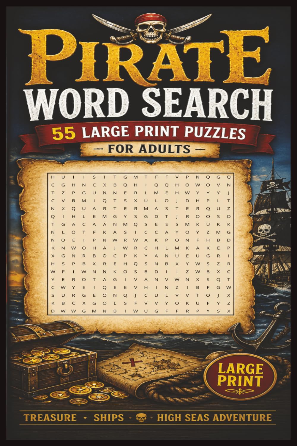 Pirate Word Search Puzzle Book for Adults: 55 Swashbuckling Puzzles with Large Print | Fun Brain Games Featuring Treasure, Ships, and Legendary Pirates