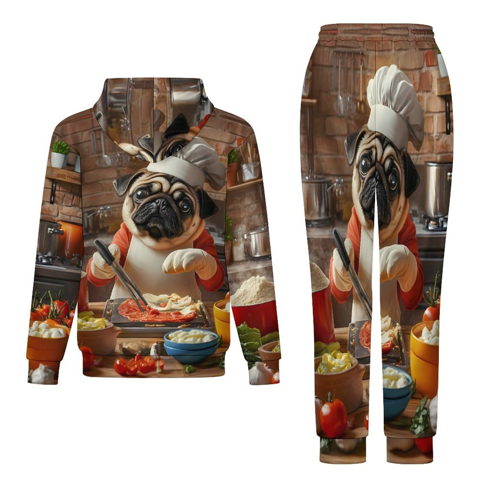 Pug Dog Chef Cooking Tuta Unisex Allentato Tuta Tuta Casual Pullover Felpa con Cappuccio Comfort 2 Pezzi Felpa Abiti